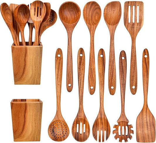 Gudamaye 13 inch Long Wooden Spoons for Cooking, 9 PCS Natural Teak Wooden Kitchen Utensil Set with Utensils Holder Made of Australia Camphor Laurel Wood，Wooden Utensils for Cooking-Ruum Studio Home