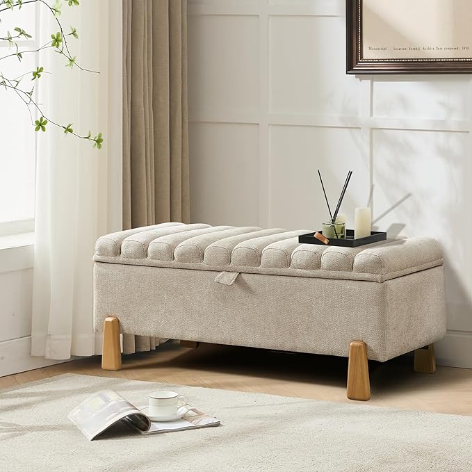 Storage Bench Ottoman 48.6 Inch with Safty Lift Top Lid, Tufted Solid Wood Tapered Legs Footstool for Bedroom, Living Room & Entryway Light Brown-Ruum Studio Home