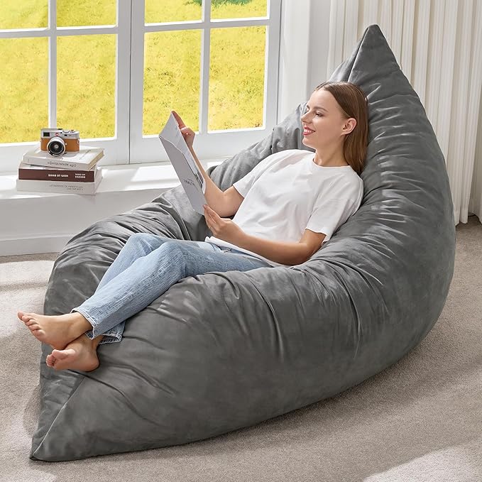 Hobestluk 3 in 1 Bean Bag Chair Giant Bean Bag Chairs for Adults with Velvet Cover Convertible Bean Bag Floor Cushion with Machine Washable Cover for Living Room (Velvet Grey)-Ruum Studio Home