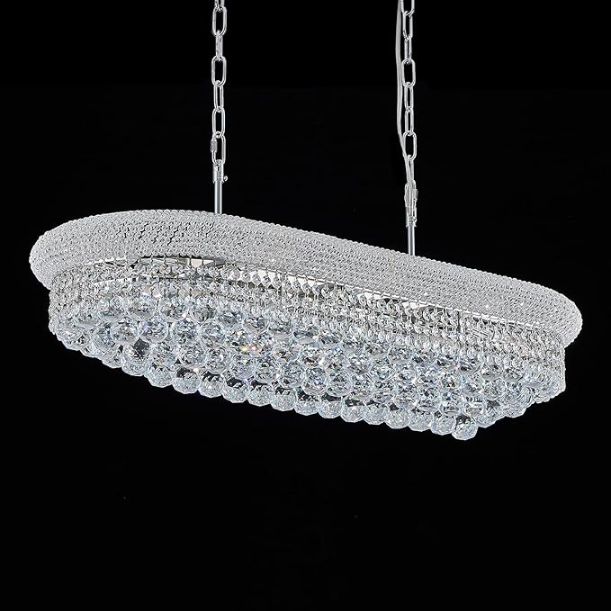 Rectangular Crystal Chandeliers for Dining Room,10 Lights Adjustable Height Oval Crystal Ceiling Light Fixture for Kitchen Island, Chrome Finish, L36''-Ruum Studio Home