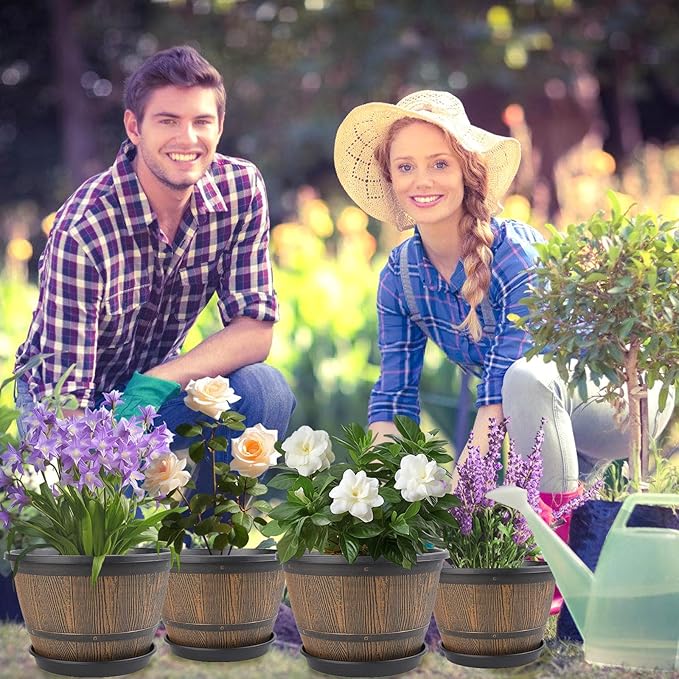 10-inch-Plant-Pots-Indoor-Outdoor, 4 Pack Whiskey Barrel Planters with Drainage Holes & Saucer, Plastic Flower Pots Imitation Wine Barrel Design, Decorative Garden Pots for Plants-Ruum Studio Home