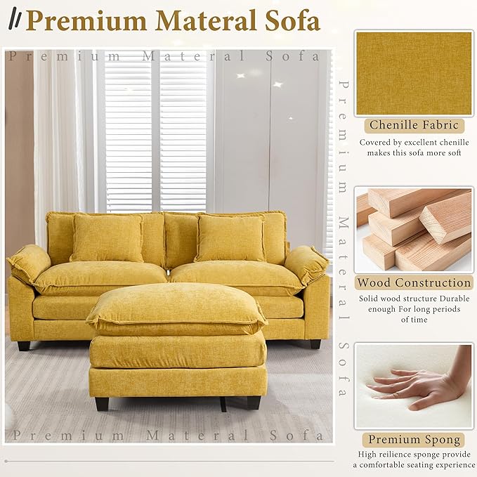 URRED Modular Sectional Sofa Comfy Cloud Couch, Modern Chenille Sofa Sleeper Deep Seat Couches with Ottoman/Pillows for Living Room (Yellow, 82.6''- L Shape)-Ruum Studio Home