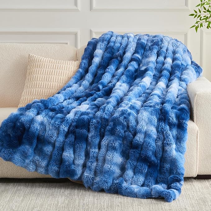 NEWCOSPLAY Faux Fur Throw Blanket Indigo Luxury Fluffy Thick Warm Bubble Blanket for Couch Sofa Bed 700GSM (Indigo, Throw(50"x60"))-Ruum Studio Home