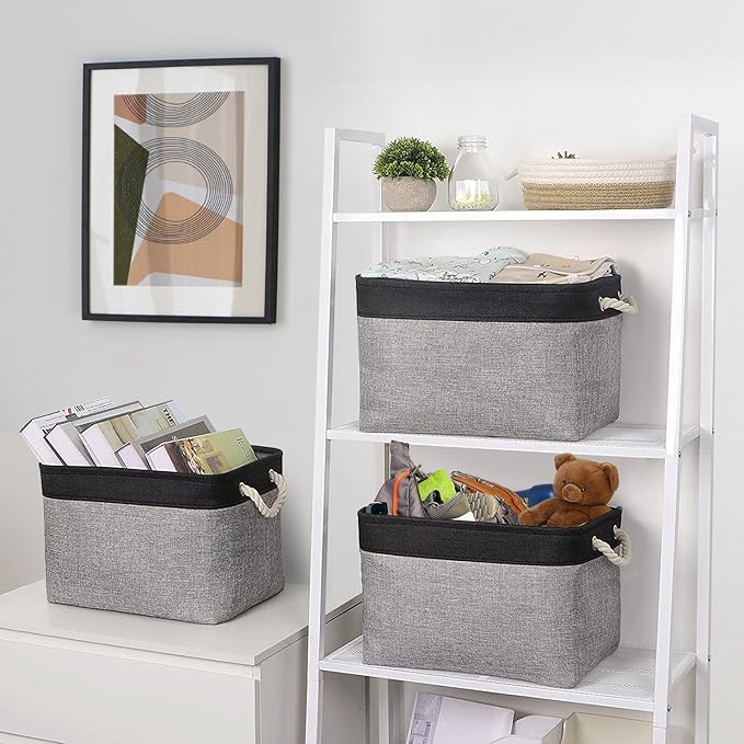 TheWarmHome Storage Basket for Organizing - 16x12x12 inch Cube Storage bin 3 Pack Fabric Storage Cubes, Collapsible Storage Box for Organizer Cloth Gift Toy Closet (Black & Grey)-Ruum Studio Home