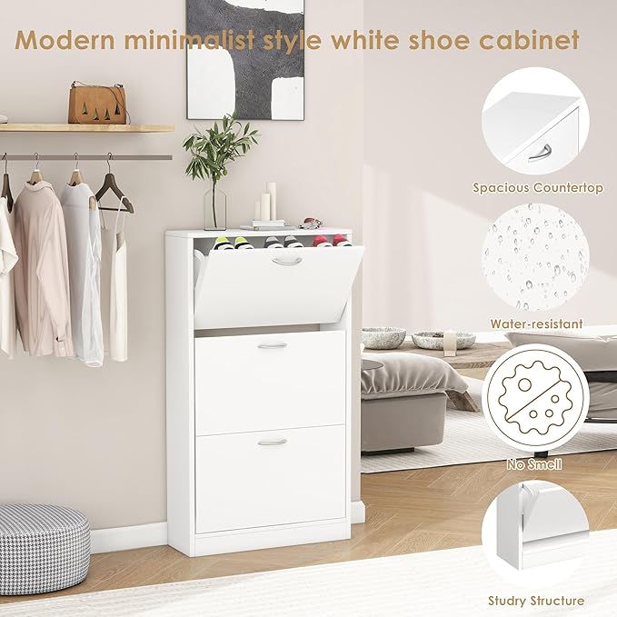 Shoe Storage Cabinet with 3 Flip Drawers, Narrow Shoe Cabinet Freestanding Slim Shoe Storage Organizer for Entryway, Hallway, Entrance, Bedroom, Living Room, White-Ruum Studio Home