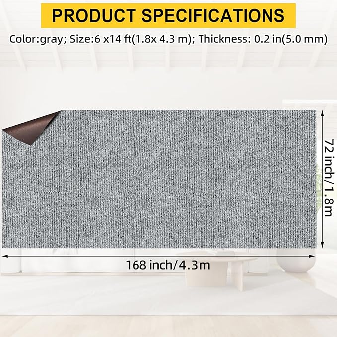 Marine Carpet,6 FT x 14 FT Smoke Gray Indoor Outdoor Carpet 0.2" Thick Boat Carpet with Water-Proof TPE Backing, Non-Slide Outdoor Marine Carpet Roll for Home, Patio, Porch, Deck-Ruum Studio Home