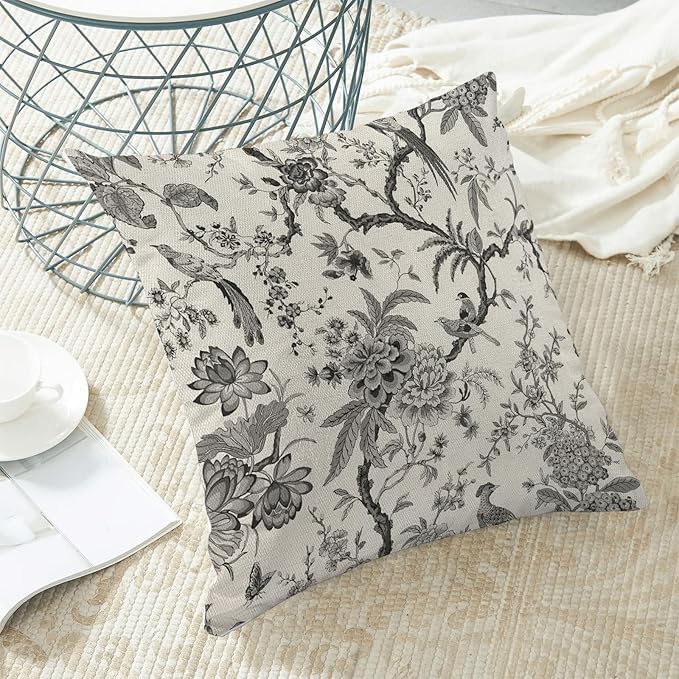CXMEIFLY Spring Floral Birds Pillow Covers 16 x 16 Inch Set of 2 for Chinoiserie Flowers Decor Throw Pillows Black and White Plant Outdoor Decorative Cushion Cases for Couch Bed Decorations-Ruum Studio Home