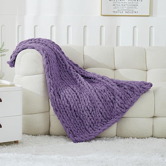 WESHIONGOO Chunky Knit Blanket Throw 40"×40" Knitted Throw Blankets for Couch Bed Fluffy Soft Blanket with Jumbo Chenille Yarn Thick 100% Handmade(Purple)-Ruum Studio Home