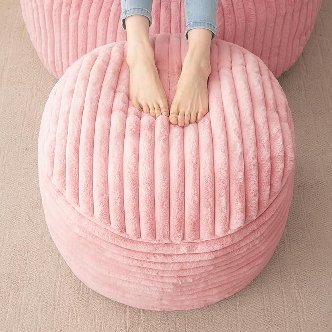 HIGOGOGO Round Stuffed Pouf Ottoman, Stripe Faux Fur Poufs with Foam Chunk Filling, Furry and Fluffy Pouf Foot Stool Storage Ottoman, 26 X 18 Floor Poufs Foot Rest for Living Room, Pink-Ruum Studio Home