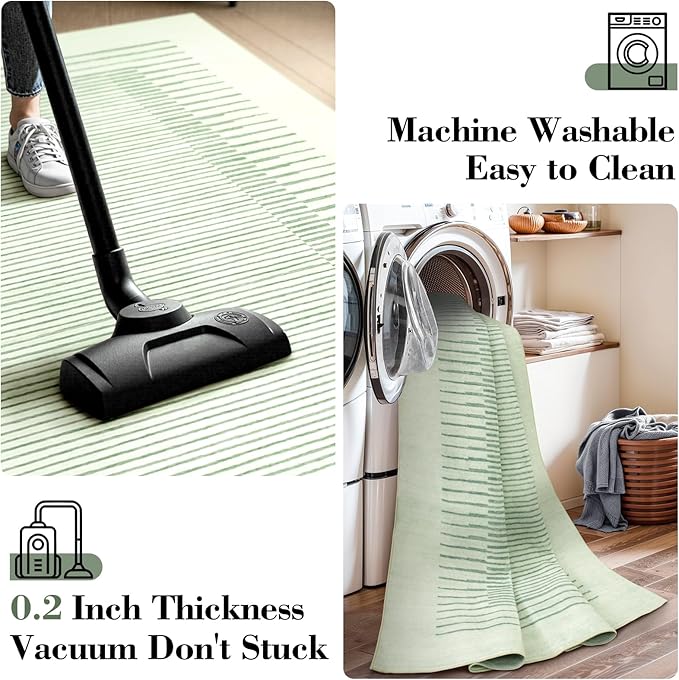 Wonnitar Washable Green Striped Runner Rug for Hallway 2'6"x8', Non-Slip Soft Runner Rug for Bedroom, Low Pile Minimalist 8ft Carpet Runner for Bathroom Laundry Kitchen (Green, 2'6" x 8')-Ruum Studio Home