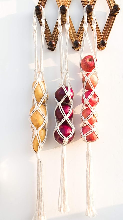 Decocove Hanging Fruit Basket - Boho Basket for Potato, Onion and Fruit Storage - Boho Wall Hanging Decor for Kitchen - Macrame Wall Hanging Basket - Set of 3-Ruum Studio Home