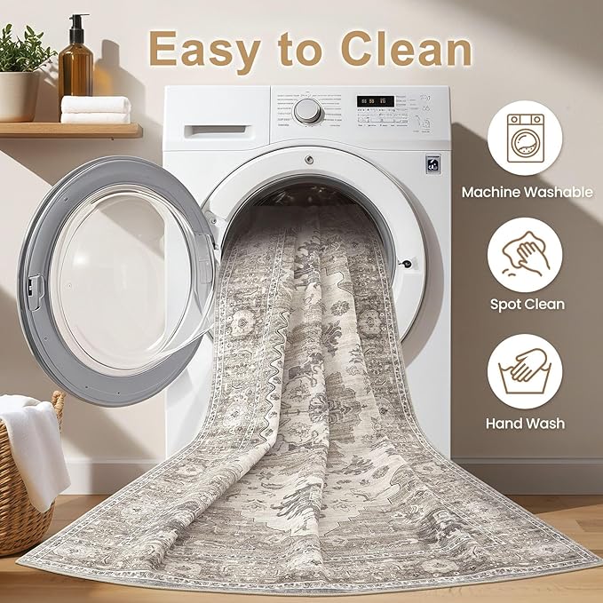Washable Area Rugs for Living Room - 7x9 Neutral Vintage Distressed Floral Farmhouse Boho Large Soft Floor Rug Indoor Non Slip Carpet for Living Room Bedroom Dining Room Office -Brown/Beige-Ruum Studio Home