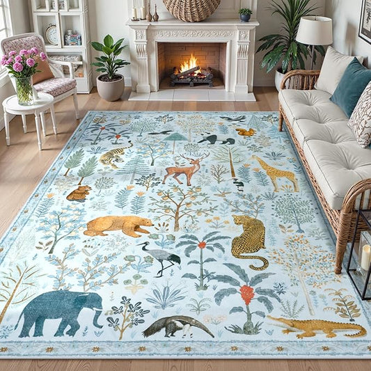 OJIA Animal Print Washable Area Rug 5x7, Soft Nursery Rugs for Living Room Ultra-Thin Non-Shedding Kids Bedroom Rug, Stain Resistant Throw Rug Large Carpet for Dining Room, Light Blue-Ruum Studio Home