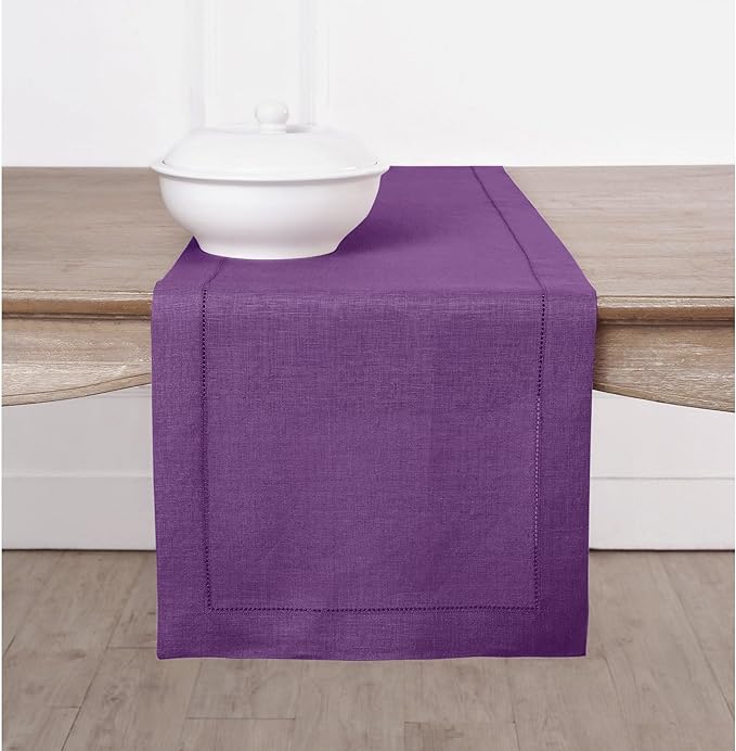 Solino Home Linen Purple Table Runner 36 Inches - Classic Hemstitch, 100% Pure Linen Coffee Table Runner 14 x 36 Inch Ideal for Dresser Tables - Fall, Autumn, Halloween, Thanksgiving-Ruum Studio Home