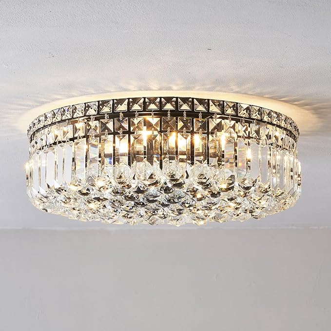 6-Lights Black Crystal Flush Mount Chandelier Light Fixture K9 Crystals Modern Ceiling Lights Elegant Pendant Lamp for Bedroom,Hallway,Bar,Living Room,Dining Room,H5.9 xW20 (Bulbs Not Included)-Ruum Studio Home