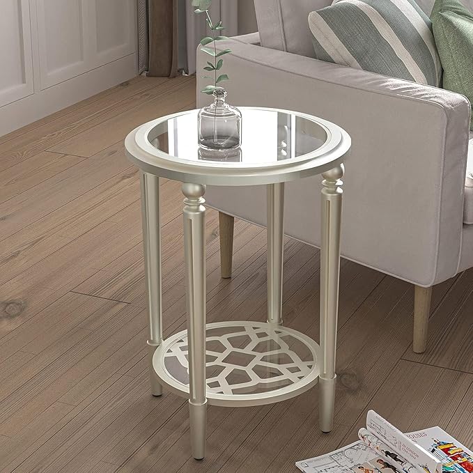 COSIEST Round Side Table, End Table Glass with Wood Frame, Champagne Gold Bedside Table with Modern Style for Living Room, Balcony, Bedroom-Ruum Studio Home