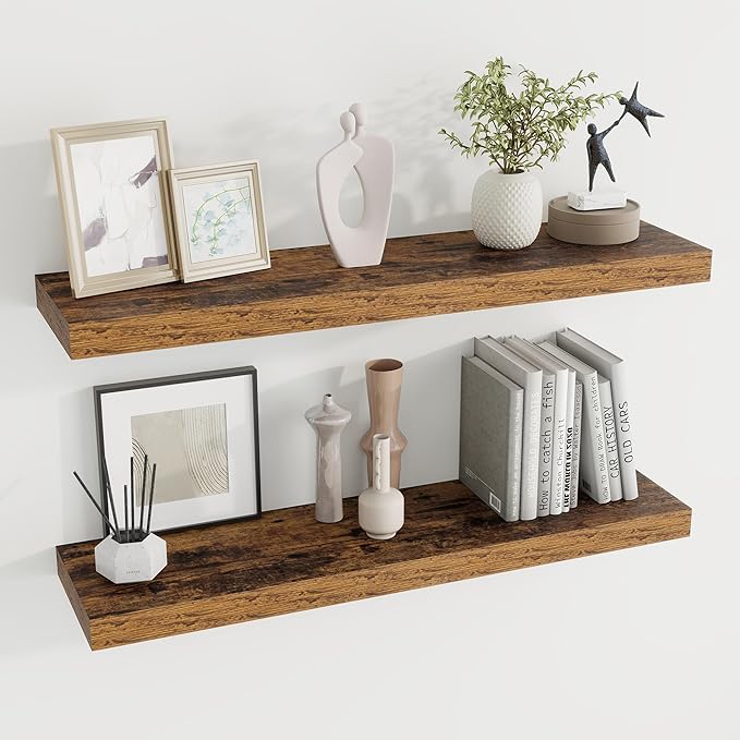 36 inch Floating Shelves Wall Shelves for Office with Invisible Brackets, 8 inch Deep Shelves for Bathroom, Living Room, Kitchen, Office, 36x7.9 inch deep Set of 2, Brown-Ruum Studio Home
