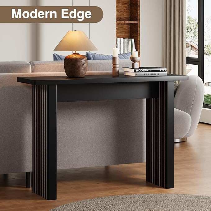 AVZEAR Mid Century Narrow Entryway Console Table, 43.3" Fluted Wood Couch Table Behind Sofa Long and Skinny for Living Room Hallway Entrance Foyer, Black-Ruum Studio Home