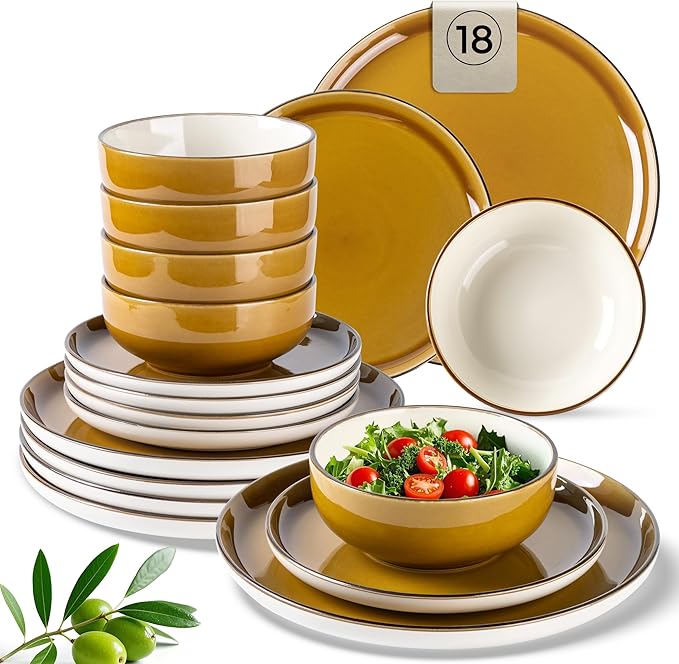 GBHOME Ceramic Dinnerware Sets, 18 Pieces Stoneware Dinnerware Set, Plates and Bowls Sets, Dishwasher & Microwave Safe,Dishes Set | Service for 6-Ruum Studio Home