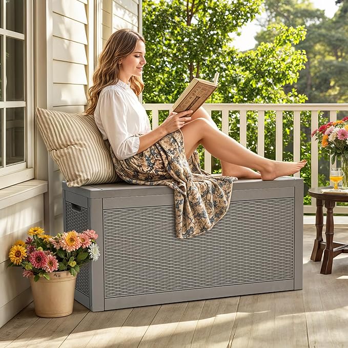 YITAHOME 60 Gallon Resin Deck Box, Weather Resistant Outdoor Rattan Storage Box, Lockable Indoor Outdoor Storage for Supplies and Essentials, Taupe-Ruum Studio Home