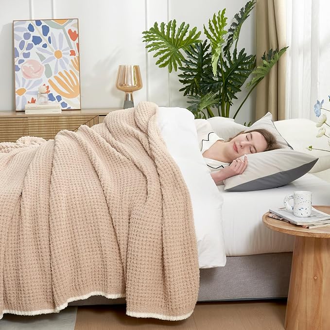 Snuggle Sac Beige Waffle Bedding Blankets Queen Size 90x90 inches, Reversible Microfiber Fluffy Fuzzy Soft Throw Cozy Knit Blanket for Women Mothers Birthday Gifts-Ruum Studio Home
