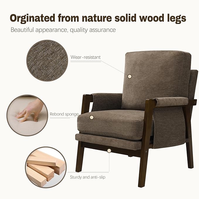 Modern Accent Chairs Set of 2 for Living Room Mid Century Arm Chairs Upholstered Bedroom Chairs Comfy Lounge Chairs with Solid Wood Frame, Dark Brown-Ruum Studio Home
