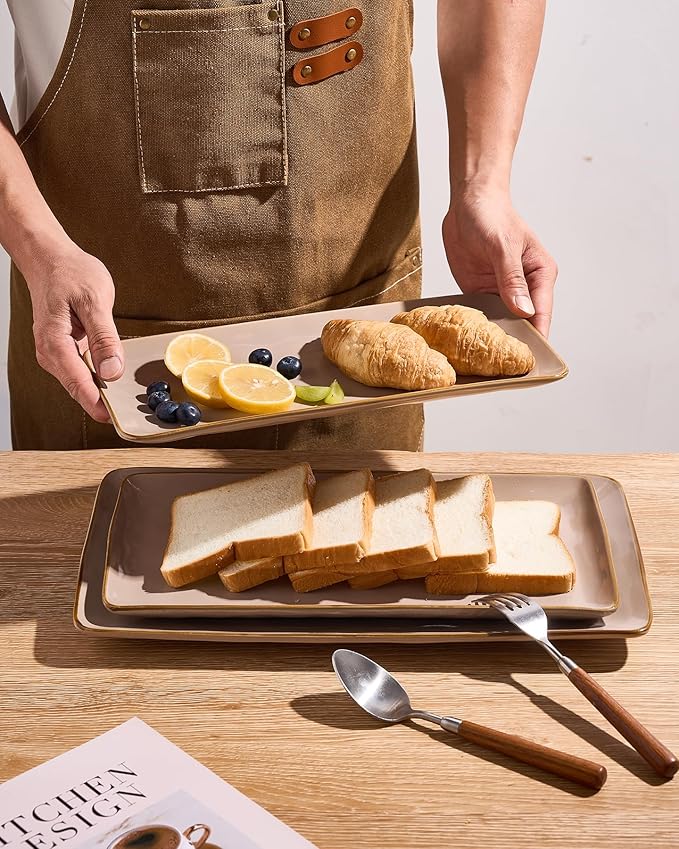 famiware Serving Platter, Rectangular 15.67/14.1/12.6 inch Serving Dishes for Entertaining, Microwave Dishwasher Safe, Stonware Serving Trays for Party, Turkey, Cheese, Ocean Series, Cinnamon Brown-Ruum Studio Home