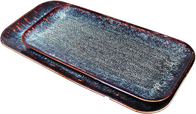 Porcelain Dinner Plates Platters Set of 2, for Fruit, dessert, snack platter, Bread, cupcake, Salad - Microwave, Dishwasher Safe, Scratch Resistant durable, Black Reactive glaze-Ruum Studio Home