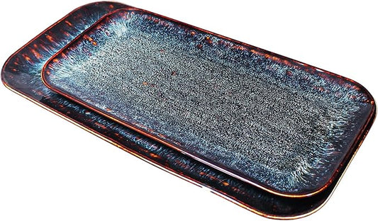 Porcelain Dinner Plates Platters Set of 2, for Fruit, dessert, snack platter, Bread, cupcake, Salad - Microwave, Dishwasher Safe, Scratch Resistant durable, Black Reactive glaze-Ruum Studio Home