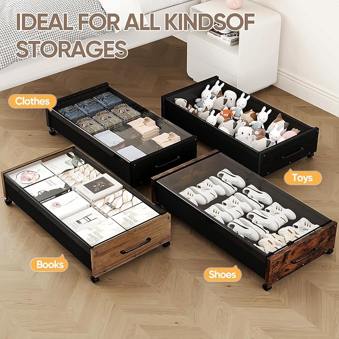 Wooden Under Bed Storage with Wheels, Rolling Under the Bed Storage Bins with Removable Lid, Metal Under Bed Drawers for Clothes and Shoes in Bedroom or Living Room(Black Wood-1pack)-Ruum Studio Home