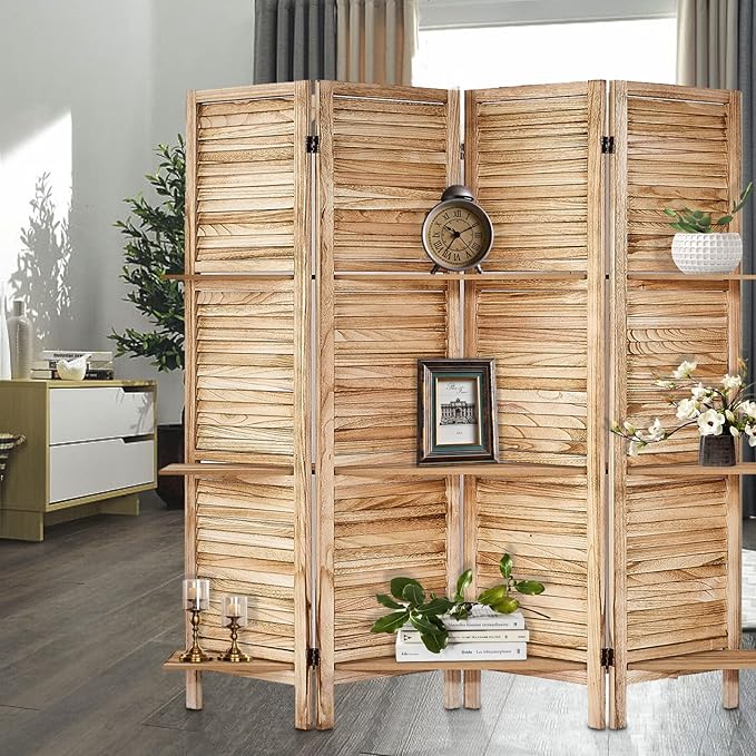 Room Divider with Shelves, Privacy Screen, Room Dividers and Folding Privacy Screens, 4 Panel Wood Temporary Wall Partition Separation Separator, Natural-Ruum Studio Home