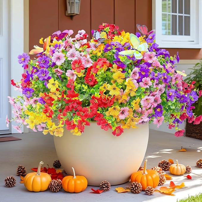 ‌20 Bundles Artificial Flowers for Outdoors‌ with 6 Faux Butterflies, UV Resistant ‌Fake Flowers‌ with Eucalyptus Leaves, ‌Artificial Plants Outdoor‌ for Patio Garden Porch Home Decor (Mix 4 Colors)-Ruum Studio Home