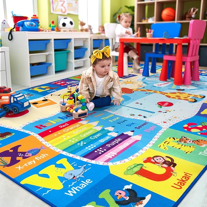 Kids Rugs for Playroom Washable, Educational and Fun Learning Rugs with ABC Alphabet Animals Shapes, Baby Toddler Children's Play Mat for Bedroom Classroom Nursery, 5x7 Feet, Blue-Ruum Studio Home