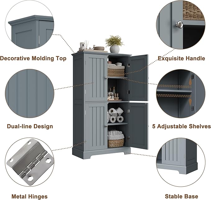 ChooChoo Bathroom Floor Cabinet, Modern Bathroom Storage Cabinet with 4 Doors and Adjustable Shelves, Freestanding Cupboard for Living Room, Grey-Ruum Studio Home