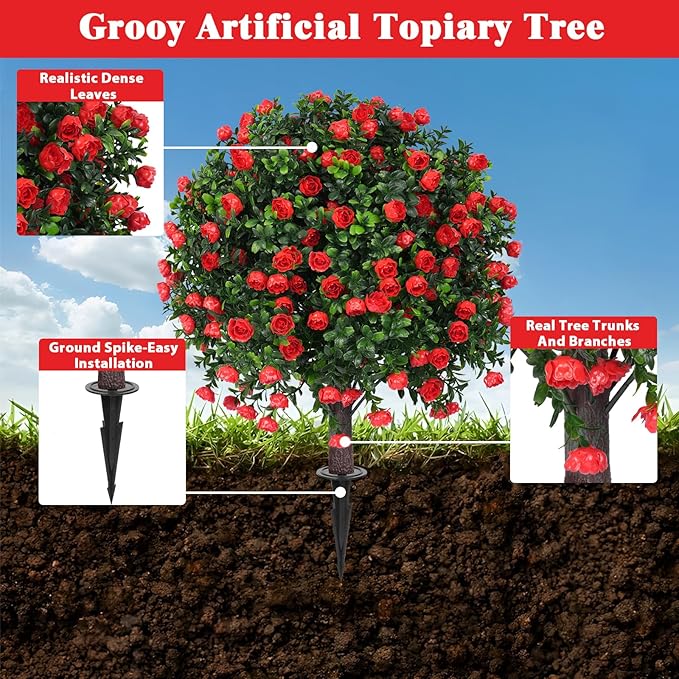 Artificial Boxwood Topiary Tree with Rose, Set of 2 Artificial Shrub Bushes with Ground Spike, Fake Evergreen Tree for Porch, Artificial Plants for Outdoor Planters Indoor UV Resistant-Ruum Studio Home