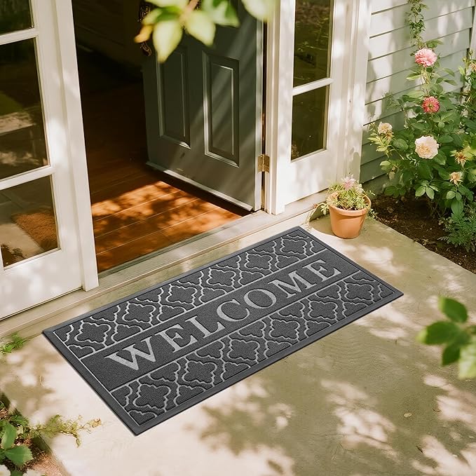 Yimobra Welcome Mat Outdoor Indoor, All-Season Waterproof Front Door Mat Outside Entrance, All-Weather Heavy Duty Non-Slip Doormat, Low Profile Porch Patio Entrance Mats, 47x24, Dark Grey-Ruum Studio Home