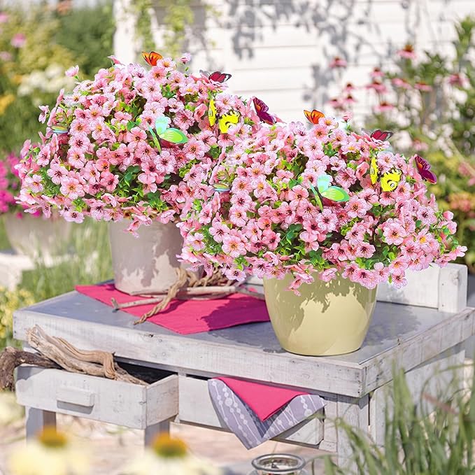 ‌20 Bundles Artificial Flowers for Outdoors‌ with 6 Faux Butterflies, UV Resistant ‌Fake Flowers‌ with Eucalyptus Leaves, ‌Artificial Plants Outdoor‌ for Patio Garden Porch Home Decor (Pink)-Ruum Studio Home