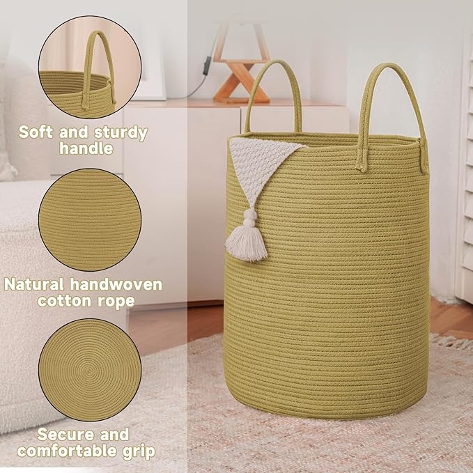 Large Woven Laundry Basket Hamper,100L Cotton Rope Storage Bin for Blankets,Toys and Clothes,Decorative Tall Nursery Hamper for Living Room,Baby Nursery,Bathroom and Bedroom,Jute-Ruum Studio Home