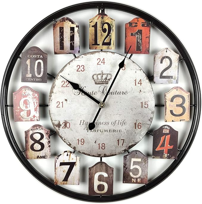 Large Wall Clock Separate Retro Dial Decorative Silent Non Ticking 20 Inch Big Vintage Farmhouse Clocks for Living Room,Black Metal Frame