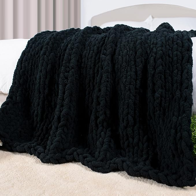 Carriediosa Chunky Knit Throw Blanket 50" X 60", 100% Hand Made Large Chenille Loop Yarn Soft Fluffy Throws for Couch Sofa Bed, Big Crochet Cozy Heavy Thick Cable Woven Blankets, Black-Ruum Studio Home