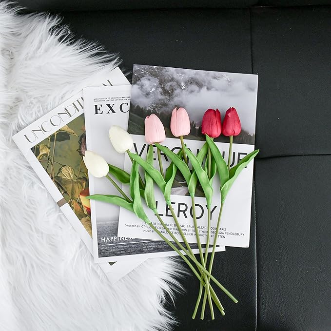 Mandy's Artificial Tulips 20 Stems Shades of Pink PU Faux Flowers for Wedding Home Decor 13.5 Inch-Ruum Studio Home