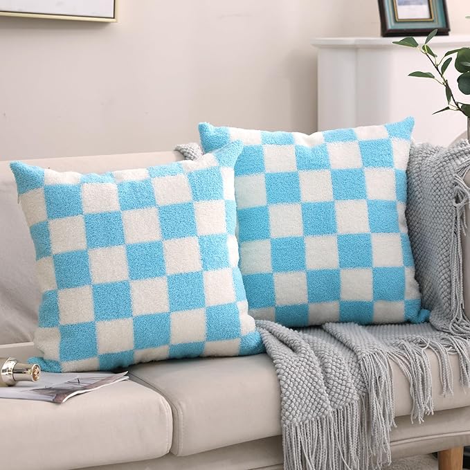 Alysheer Checkered Embroidered Decorative Throw Pillow Covers 18"x 18" Set of 2, Classic Accent Designer Blue White Plaid Patterned Cotton Cushion Cases for Sofa Couch Bed Living Room Outdoor Decor-Ruum Studio Home