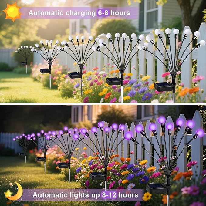 Solar Garden Lights Outdoor, 4 Pack Firefly Swaying Lights Purple, Waterproof 4 Pack 24 Heads Garden Decor for Yard Patio Pathway Lawn, Gardening Gifts for Women Christmas Decoration-Ruum Studio Home