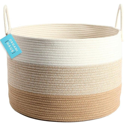 OrganiHaus Extra Large Blanket Basket for Living Room 20x13, Natural Cotton Rope Laundry Basket, Sturdy Hamper for Toy Storage, Cushions & Pillows Storage Bin, Nursery Decor Hamper - Honey-Ruum Studio Home