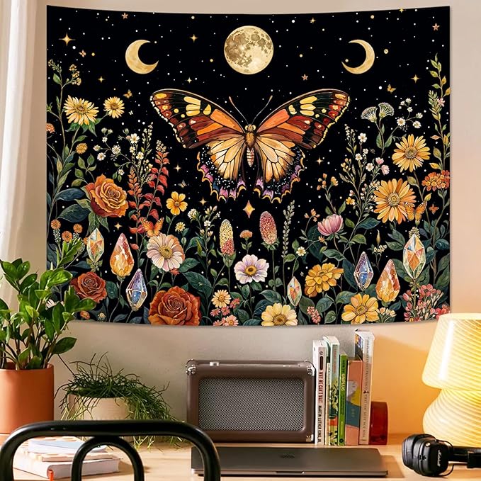 Lunerfex Boho Butterfly Tapestry Flower Moon Wall Tapestry, Moon Phases Tapestries for Bedroom Cute Tapestries Wall Hanging for Bedroom Living Room Decor Butterfly-2 44"x60"-Ruum Studio Home