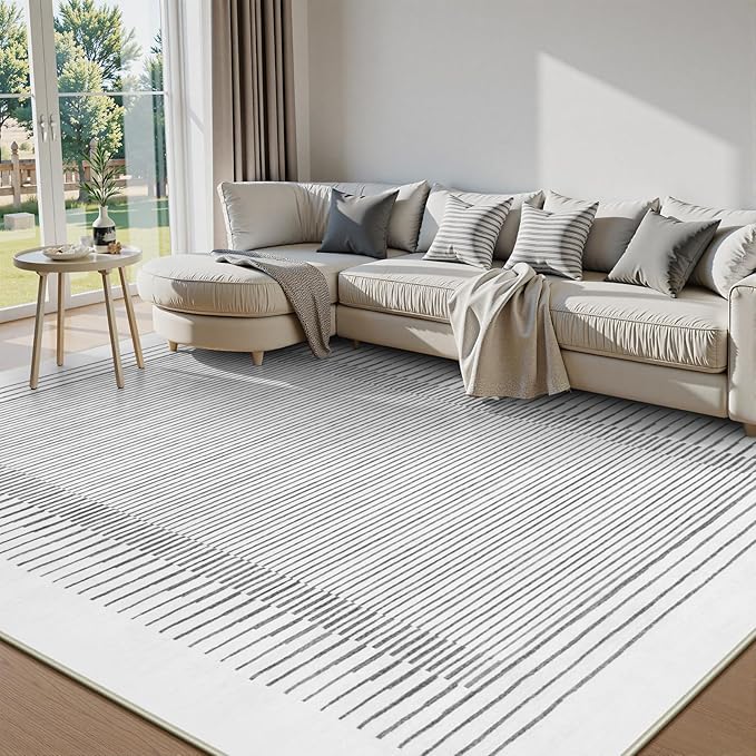 Wonnitar Striped 9x12 Rugs for Living Room, Non-Slip Soft Grey Berber Stripe Bedroom Rug, Low Pile Minimalist Floor Carpet for Dining Room Living Room Department (Grey,9' x 12')-Ruum Studio Home