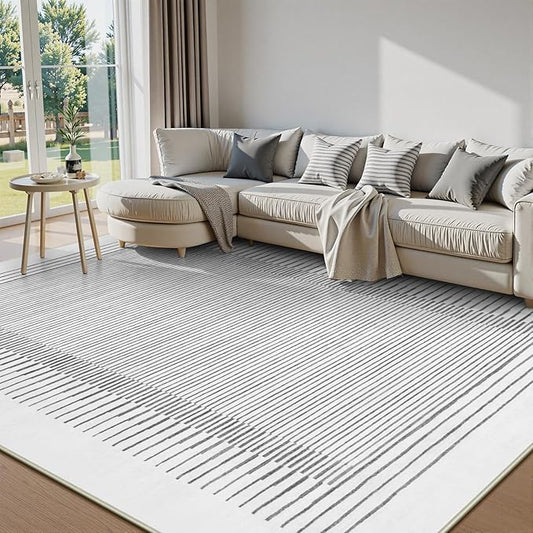 Wonnitar Washable Striped 8x10 Rugs for Living Room, Non-Slip Soft Grey Berber Stripe Bedroom Rug, Low Pile Minimalist Floor Carpet for Dining Room Living Room Office Department (Grey, 8' x 10')-Ruum Studio Home