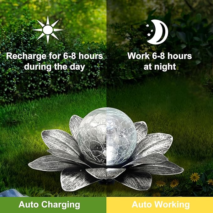 LEWIS&WAYNE Solar Garden Lights Outdoor, 3 Pcs Silver Gray Lotus Flower Pathway Lamps with Cool White Crackle Glass Globe Led Lights for Patio Pathway Yard Balcony Garden Decorations-Ruum Studio Home