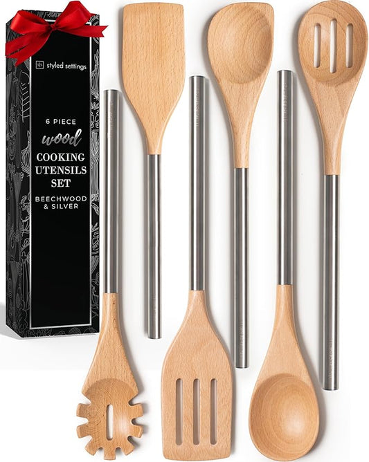 STYLED SETTINGS Wood Cooking Utensils Set with Stainless Steel Handles – 6-PC Durable Wooden Spoons for Cooking, Serving, & Mixing – Kitchen Utensils Set for Nonstick Cookware, Great for Gifting-Ruum Studio Home