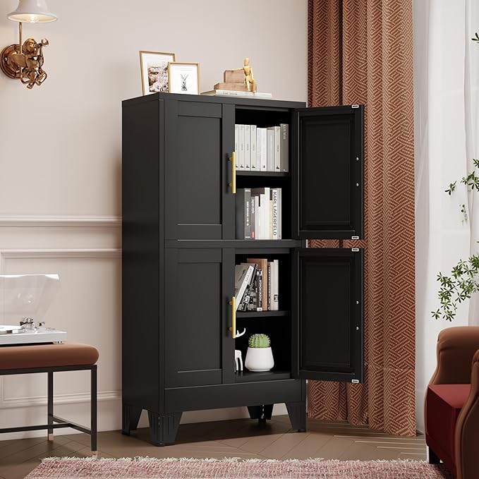 47.25" Metal Storage Cabinet, Black Kitchen Food Storage with 4 Door and 2 Adjustable Shelves, Freestanding Bathroom Cabinet, Pantry for Kitchen Dinning Room, Cupboard-Ruum Studio Home